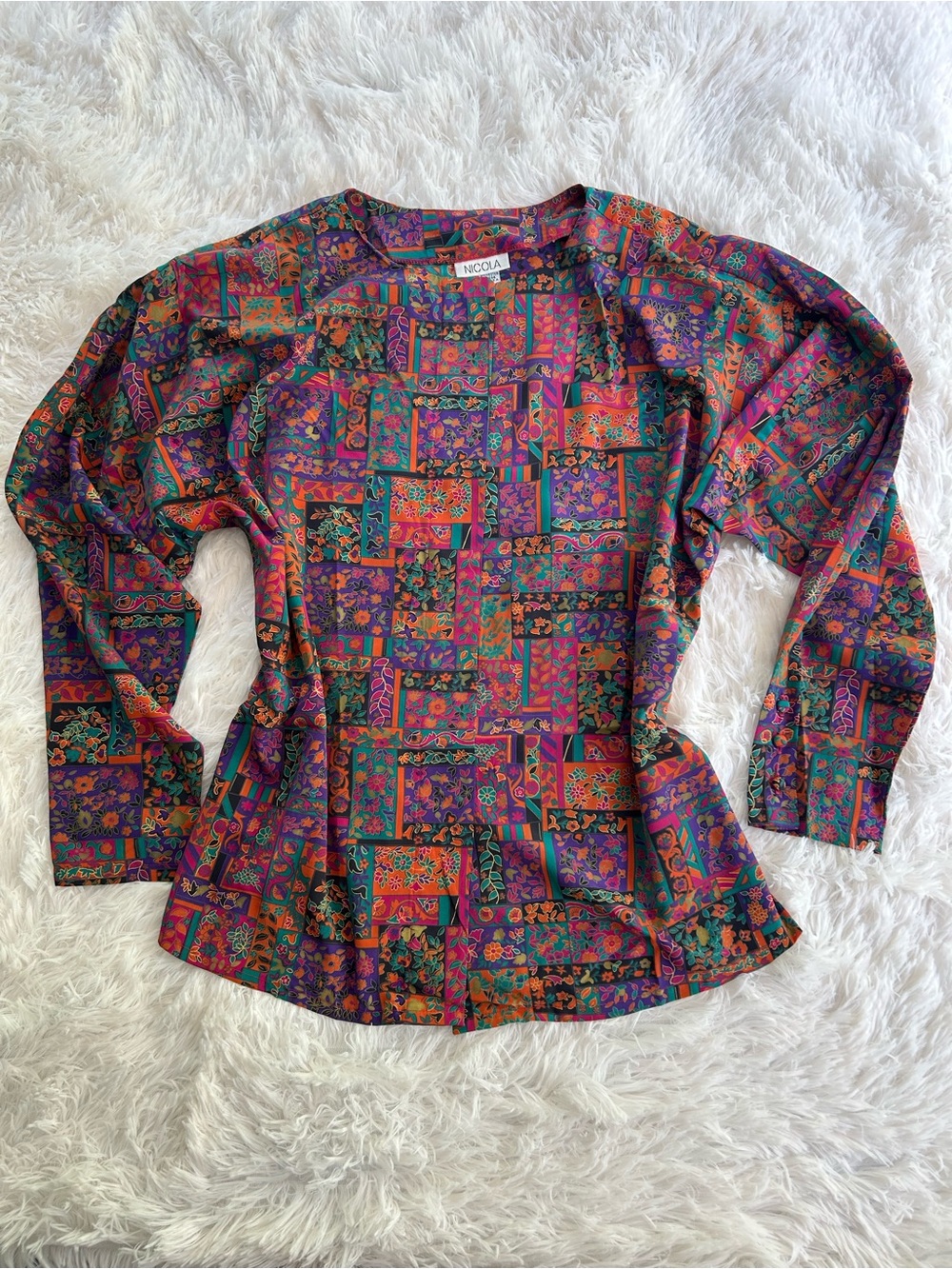 Vintage Nicola Floral Patchwork Blouse Top Size 10 Shoulder Pads
